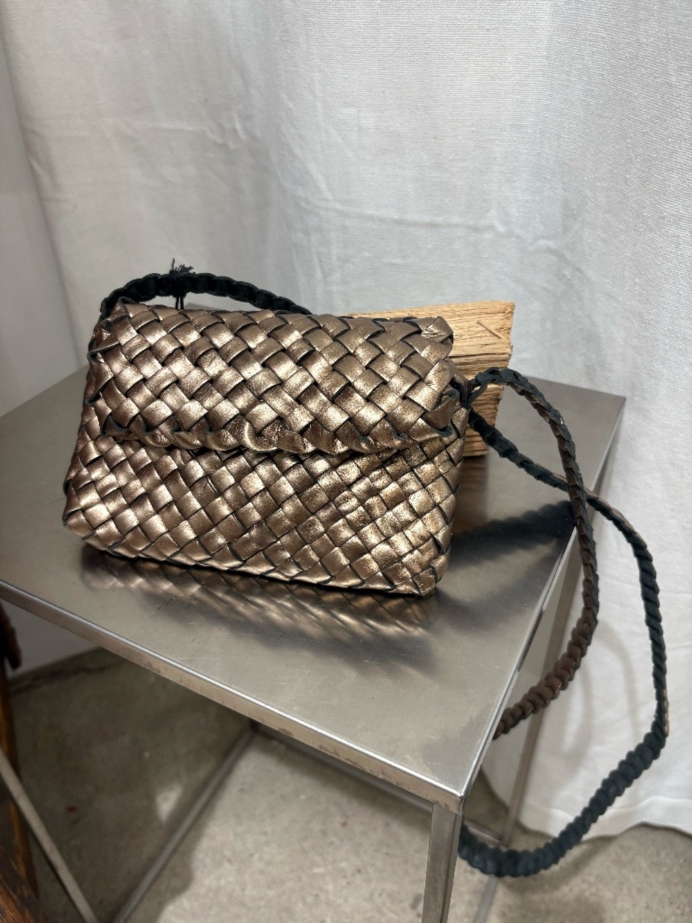 Veev Woven Leather Crossbody Bag in Antique Gold
